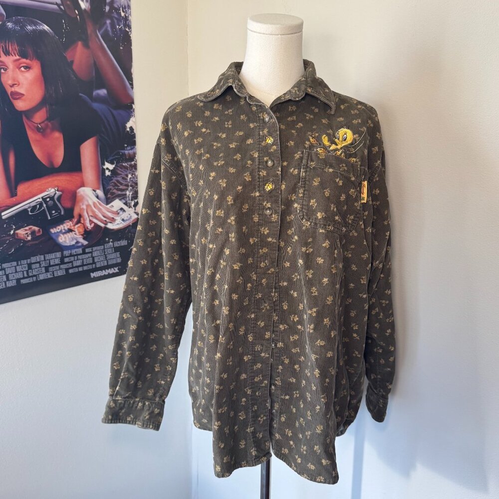 Retro Looney Tunes Tweety Bird Falling Leaves Button Corduroy Embroidered Shirt